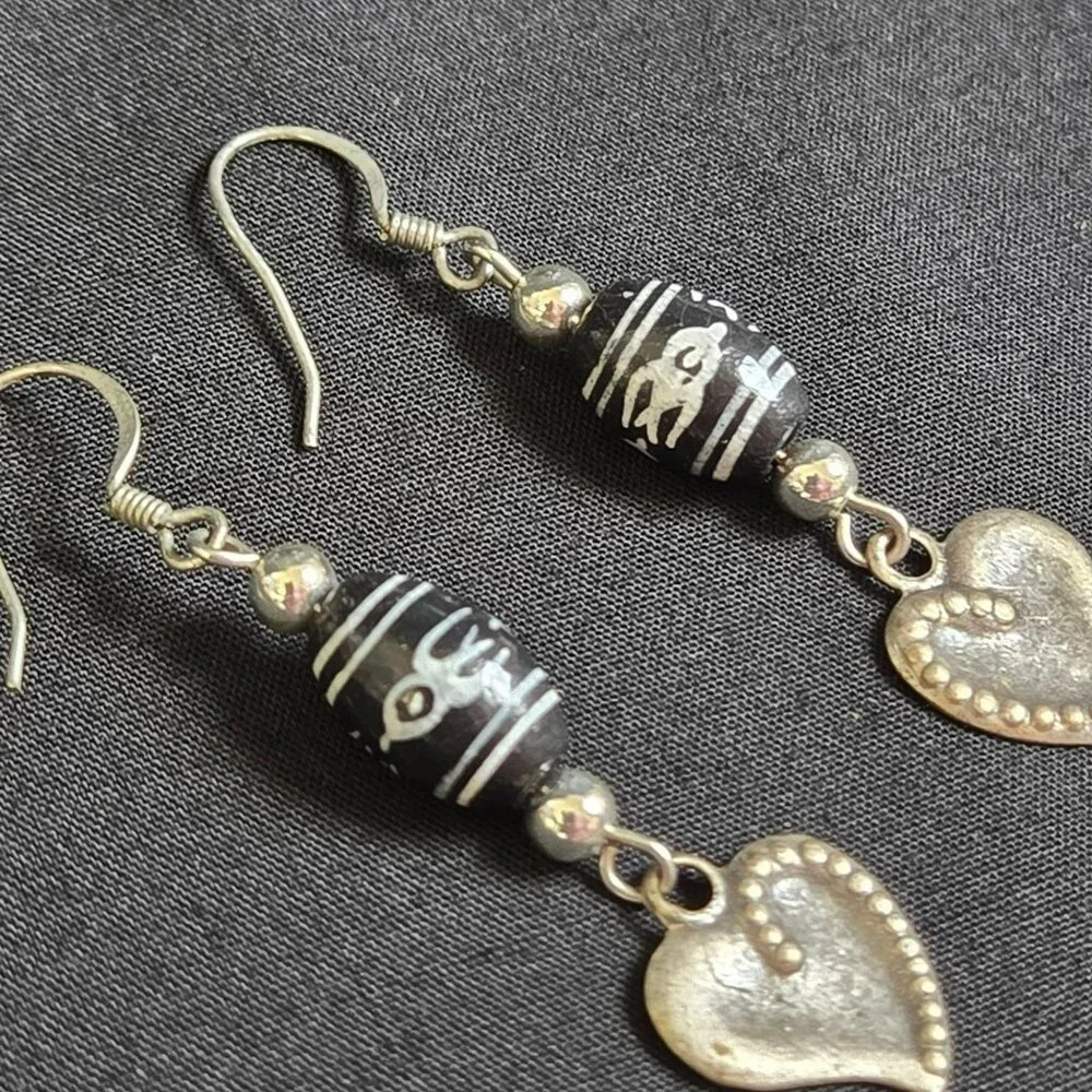 Boho Earrings Black & Silver Beaded Dzi Style with Gold Heart Dangle Accents - Picture 3 of 6